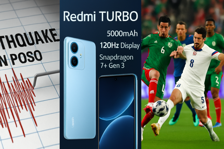 Kolase berita gempa Poso, peluncuran smartphone Redmi Turbo 5, dan aksi pertandingan Piala Dunia 2026