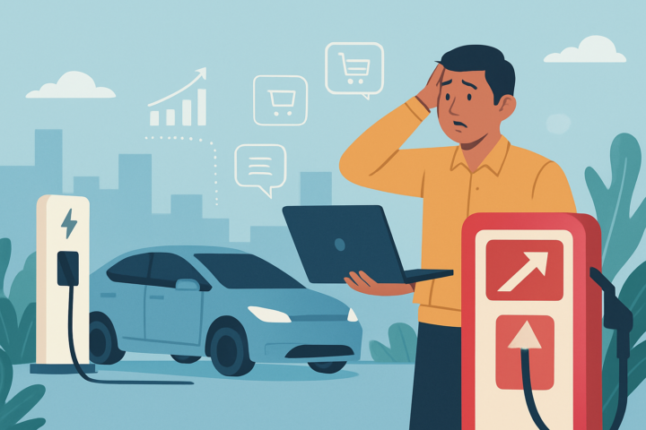 Ilustrasi startup Indonesia mengadaptasi kenaikan harga BBM dengan inovasi teknologi dan kendaraan ramah lingkungan
