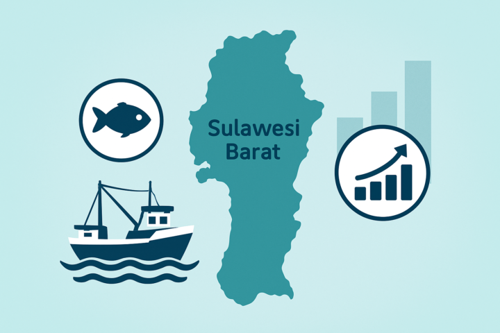 Peta Sulawesi Barat dengan simbol potensi investasi kelautan dan ikon ekonomi