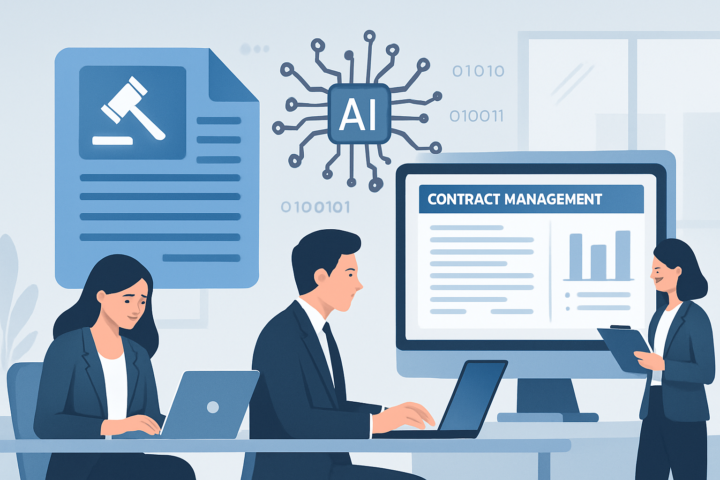 Tim hukum menggunakan software integrasi manajemen kontrak berbasis AI dari Docusign di kantor modern