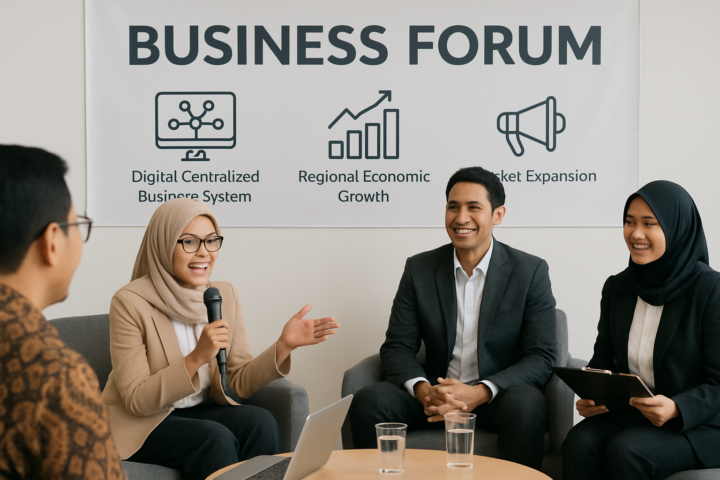 Forum bisnis di Indonesia dengan para pelaku usaha yang membahas sistem bisnis terpusat dan pertumbuhan ekonomi daerah