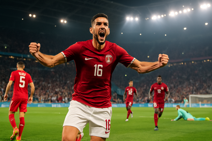 Madjid Khoukhi merayakan gol dalam pertandingan Qatar vs Swiss di Piala Dunia 2026