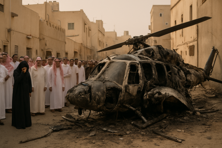 Helikopter yang jatuh di Arab Saudi, lokasi kecelakaan dengan kerusakan dan suasana duka
