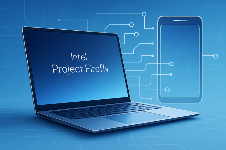 Laptop Intel Project Firefly dengan desain modern dan latar belakang grafis rantai pasokan teknologi smartphone