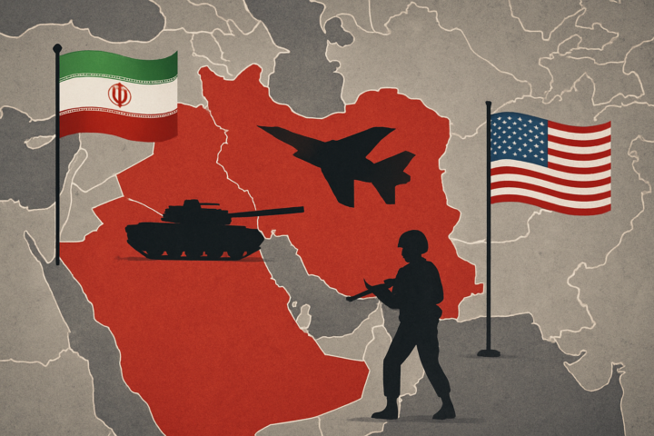Ilustrasi ketegangan geopolitik antara Iran dan Amerika Serikat di kawasan Timur Tengah