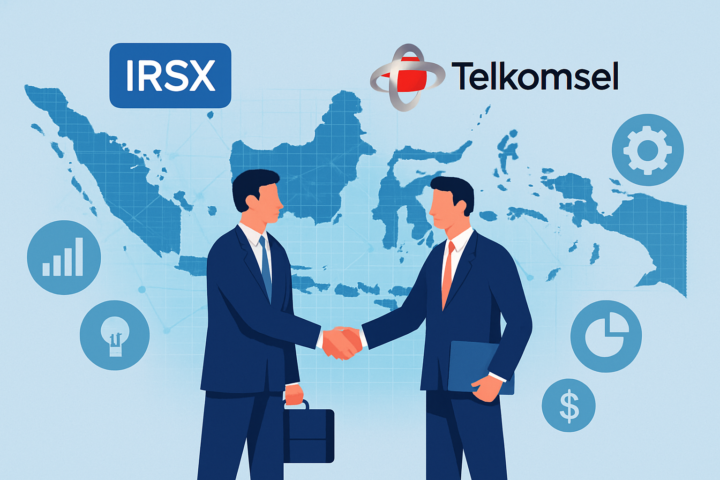 Logo IRSX dan Telkomsel dengan latar peta digital dan ikon bisnis digital