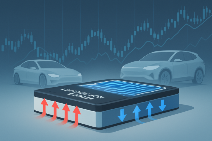 Ilustrasi teknologi baterai lithium-ion canggih dan grafik saham KULR Technology