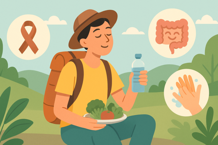 Traveler yang sehat dengan makanan higienis, minum air putih, mencuci tangan, dan istirahat untuk mencegah kram perut dan kanker usus saat liburan