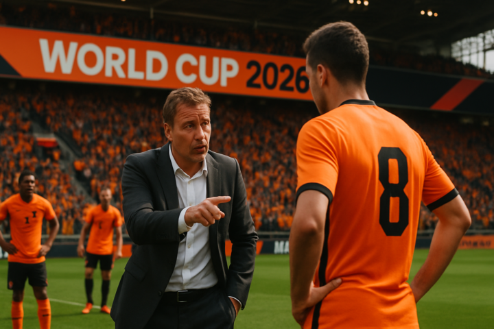 Manajer dan pemain sepak bola diskusi strategi di lapangan pada Piala Dunia 2026