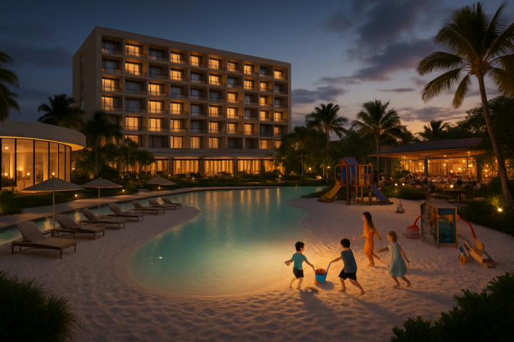 Hotel multi-fasilitas dengan pantai buatan berpasir putih dan pusat hiburan lengkap yang ramai pengunjung