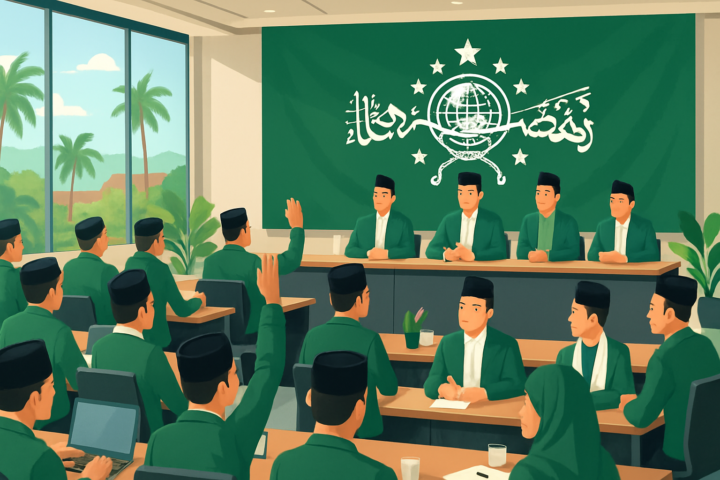 Suasana pertemuan Muktamar ke-35 Nahdlatul Ulama dengan peserta rapat dan logo NU