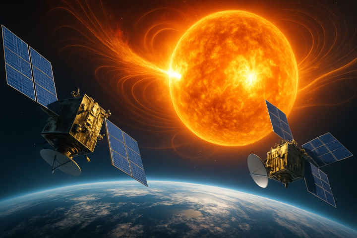 Dua satelit NASA mengorbit Bumi untuk memantau cuaca antariksa dengan latar aktivitas matahari