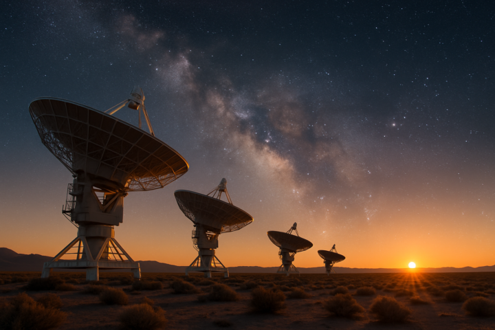 Teleskop radio terbesar di Nevada dengan latar langit malam penuh bintang