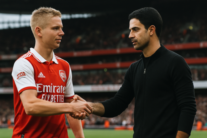 Oleksandr Zinchenko berjabat tangan dengan pelatih Mikel Arteta di stadion sepak bola