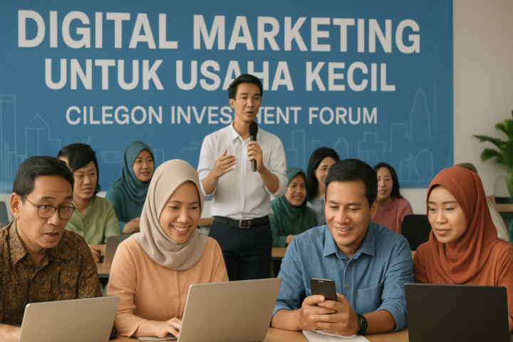 Pelatihan digital marketing UMKM di Cilegon dengan peserta beragam dan suasana forum investasi di latar belakang