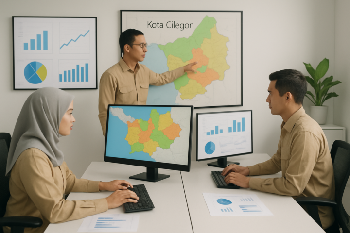 Petugas pemerintah Kota Cilegon melakukan monitoring dan evaluasi manajemen aset daerah dengan data dan peta di layar