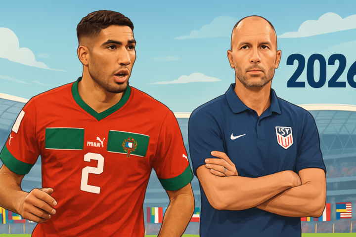 Pemain sepak bola Ashraf Hakimi dan pelatih USMNT dengan latar belakang stadion Piala Dunia 2026