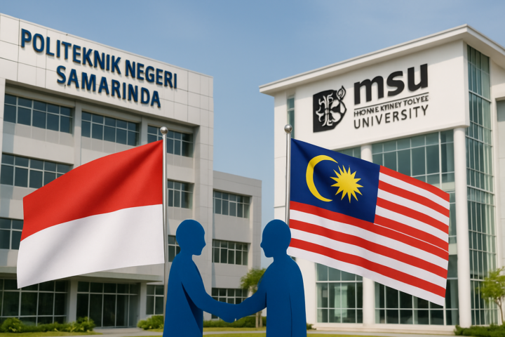 Logo Politeknik Negeri Samarinda dan Management and Science University dengan simbol kerjasama