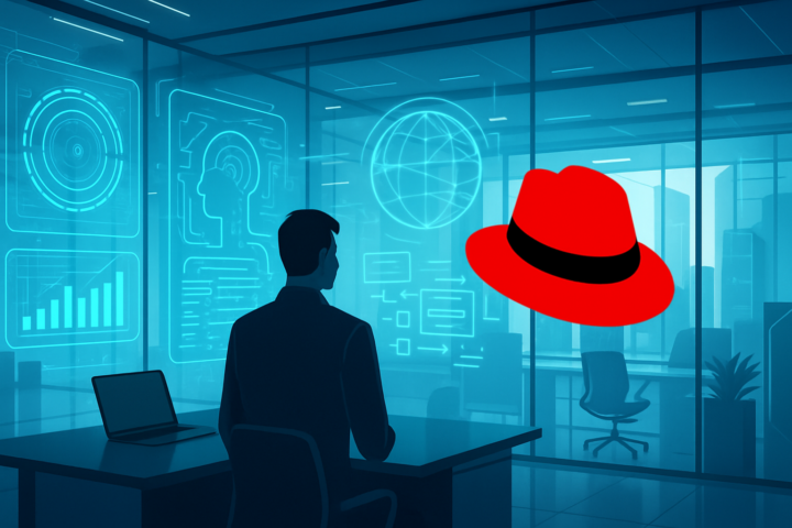 Ilustrasi teknologi Agentic AI dengan logo Red Hat dalam kantor bisnis futuristik digital