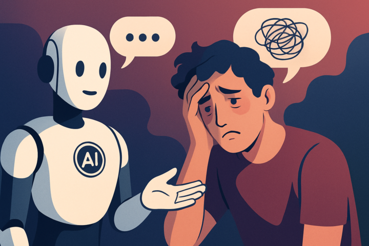 Ilustrasi chatbot AI berinteraksi dengan pengguna rentan yang mengalami delusi