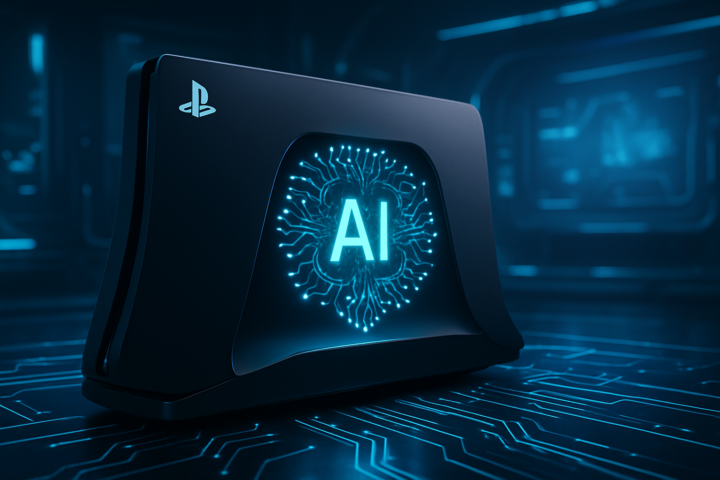 Ilustrasi konsep PlayStation masa depan dengan teknologi kecerdasan buatan dan tampilan digital futuristik