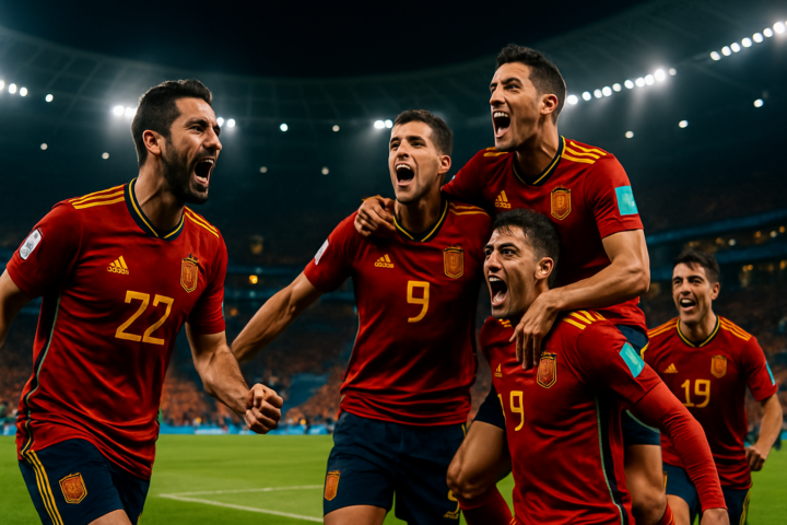 Pemain Spanyol merayakan gol dengan latar belakang stadion Piala Dunia penuh penonton