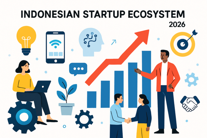 Ilustrasi ekosistem startup Indonesia 2026 dengan teknologi digital dan ikon inovasi