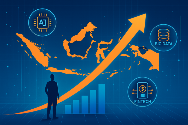 Ilustrasi pertumbuhan dan inovasi startup Indonesia di era digital dengan ikon teknologi AI dan fintech