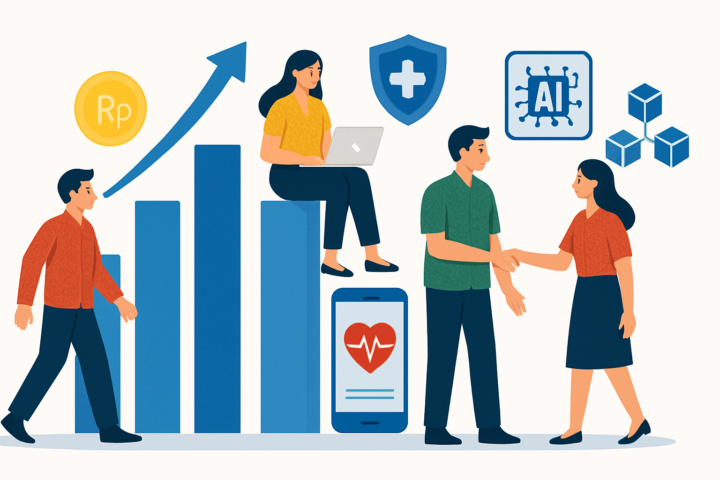 Ilustrasi pertumbuhan startup teknologi di Indonesia dengan ikon fintech, kesehatan digital, AI, dan blockchain pada tahun 2026