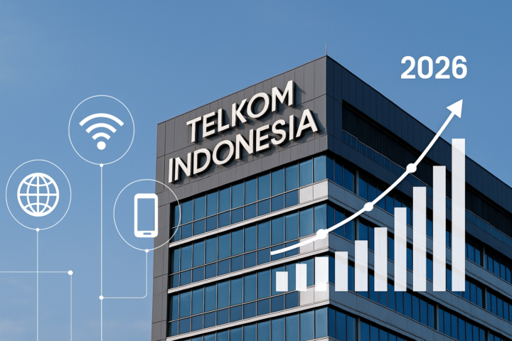 Gedung kantor Telkom Indonesia dengan ikon konektivitas digital dan grafik keuangan yang menunjukkan stabilitas bisnis dan pembagian dividen