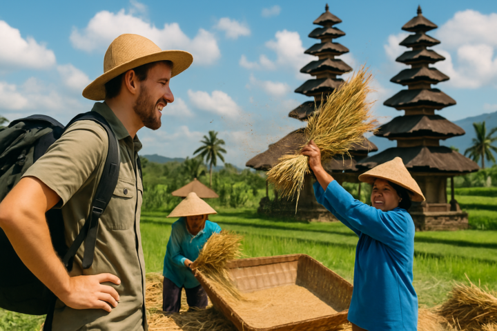 Traveler menikmati pengalaman budaya lokal otentik di Indonesia dengan latar belakang pemandangan indah