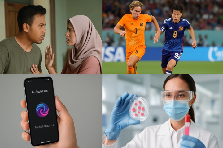 Kolase gambar drama kecemburuan, pertandingan Belanda vs Jepang di Piala Dunia, layanan AI berbayar, dan terapi stem cell di Indonesia