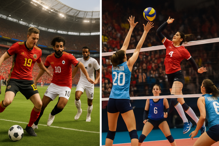 Pertandingan sepak bola Belgia vs Mesir di Piala Dunia 2026 dengan aksi pemain di lapangan serta penggemar voli VNL Putra yang penuh semangat