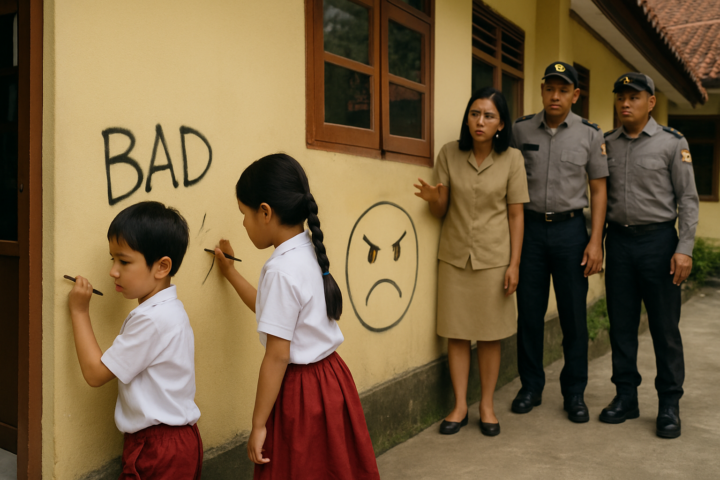 Dua bocah merusak fasilitas sekolah dasar di Batang, diawasi oleh guru dan petugas kepolisian
