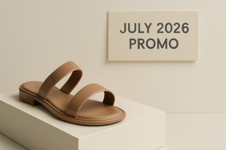 Sandal Melissa stylish dengan latar belakang banner promo Juli 2026