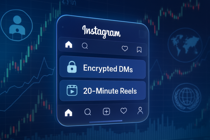 Tampilan fitur baru Instagram 2026 dengan grafik pasar saham dan simbol isu global