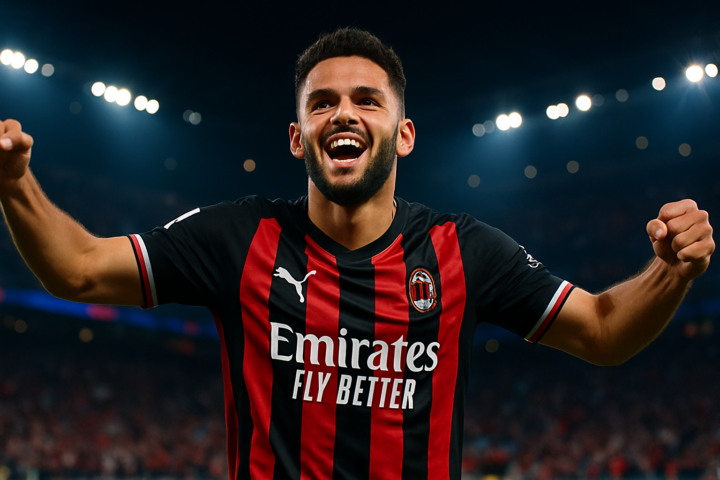 Goncalo Ramos mengenakan jersey AC Milan sedang merayakan gol di stadion