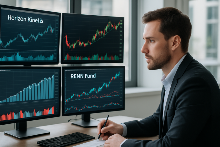 Investor menganalisis data saham Horizon Kinetics dan RENN Fund di kantor modern