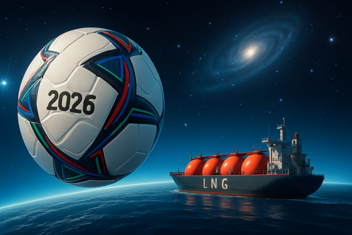 Logo Piala Dunia 2026 dengan latar pemandangan luar angkasa, kapal tanker di Selat Hormuz, dan fitur teknologi terbaru