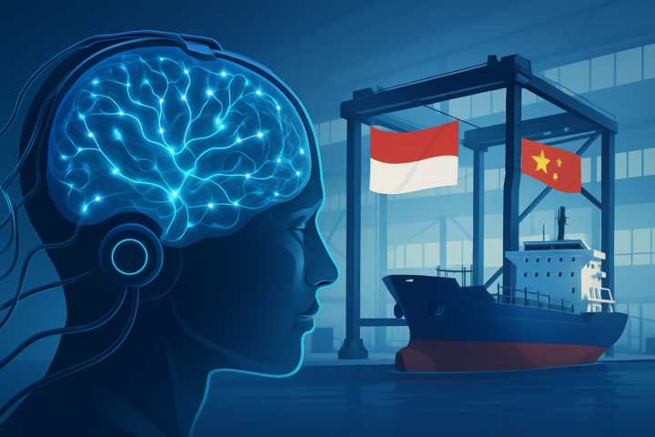 Ilustrasi teknologi brain-computer interface dan kolaborasi pembangunan kapal antara China dan Indonesia