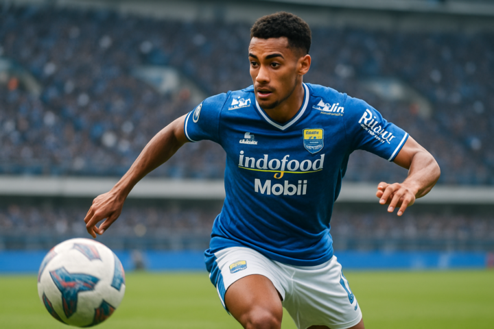 Ragnar Oratmangoen bermain sepak bola untuk Persib Bandung di stadion penuh penonton