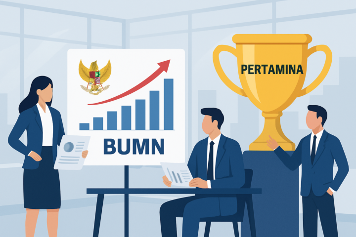 Grafik laporan keuangan BUMN Indonesia dengan logo Pertamina sebagai yang terbaik