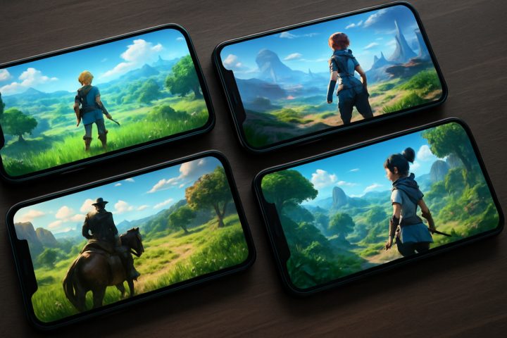 Tampilan smartphone dengan berbagai game open world gratis terbaik tahun 2026 di Android dan iOS