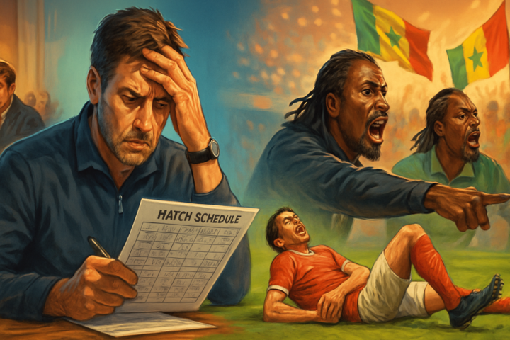 Ilustrasi dinamika dunia sepak bola global dengan fokus kasus hukum, kritik jadwal turnamen, cedera pemain, dan persaingan pelatih Timnas Senegal