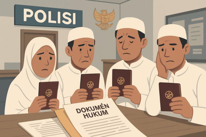 Polisi dan jemaah umrah memegang dokumen dalam kasus dugaan penipuan travel Detofa di Riau