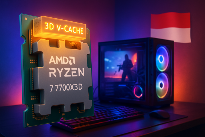 AMD Ryzen 7 7700X3D prosesor dengan teknologi 3D V-Cache dan konsep gaming PC