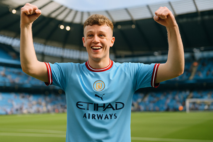 Elliot Anderson merayakan kepindahan ke Manchester City dengan jersey klub