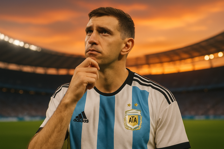 Emiliano Martinez mengenakan jersey Timnas Argentina di stadion sepak bola