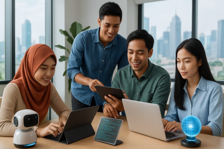Kantor startup teknologi di Indonesia dengan tim profesional muda bekerja sama menggunakan perangkat digital