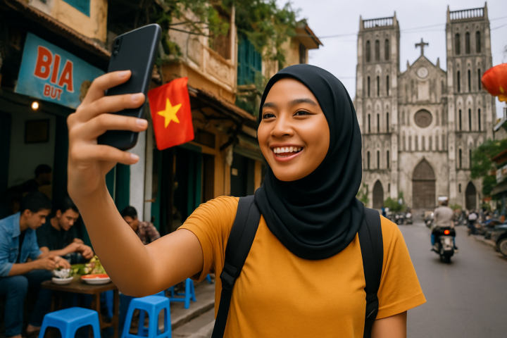Wisatawan Indonesia di Hanoi menggunakan smartphone memotret pemandangan kota dan kuliner khas Vietnam